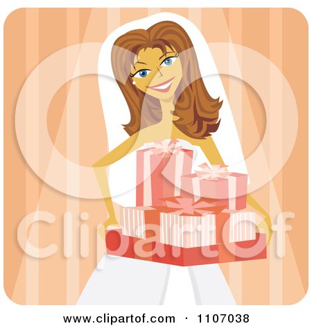 Clipart Happy Caucasian Bride Carrying Gifts Over Orange Stripes - Royalty Free Vector Illustration by Amanda Kate