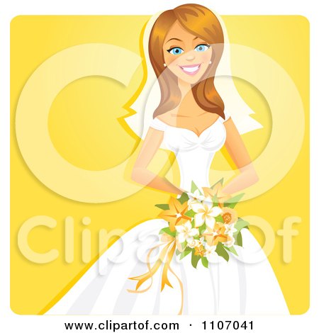 Clipart Happy Bride Holding Her Bouquet Over Yellow - Royalty Free Vector Illustration by Amanda Kate