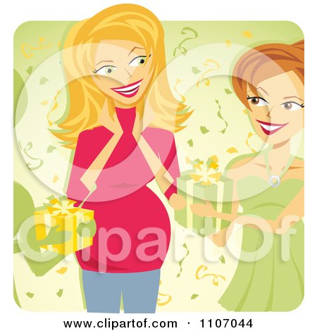 Clipart Friends Throwing A Pregnant Woman A Surprise Baby Shower Over Green - Royalty Free Vector Illustration by Amanda Kate