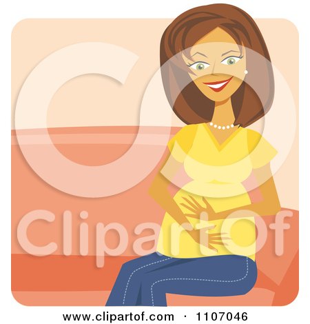 Clipart Happy Brunette Woman Sitting And Feeling Her Baby Kicking In Her Belly Over Pink - Royalty Free Vector Illustration by Amanda Kate