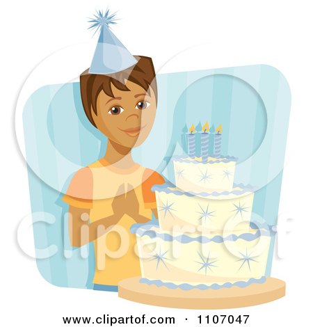Clipart Happy Hispanic Birthday Boy Making A Wish Before Blowing Out His Birthday Cake Candles Over Blue Stripes - Royalty Free Vector Illustration by Amanda Kate