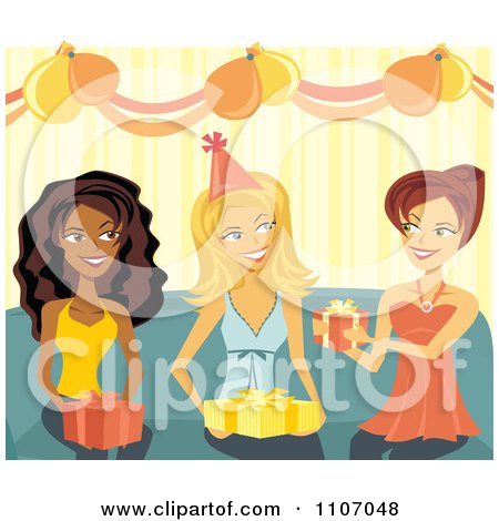 Clipart Friends Giving Gifts To A Birthday Girl At A Party - Royalty Free Vector Illustration by Amanda Kate
