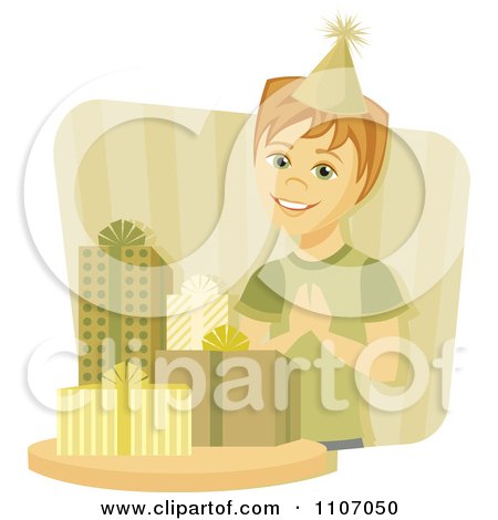 Clipart Excited Birthday Boy By His Presents Over Green Stripes - Royalty Free Vector Illustration by Amanda Kate