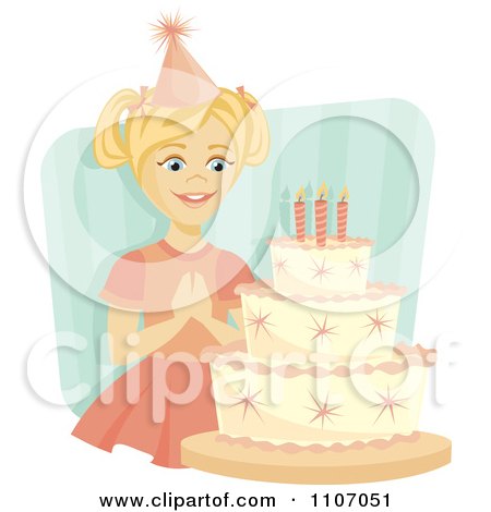 Clipart Happy Birthday Girl Making A Wish Before Blowing Out Her Birthday Cake Candles Over Blue Stripes - Royalty Free Vector Illustration by Amanda Kate