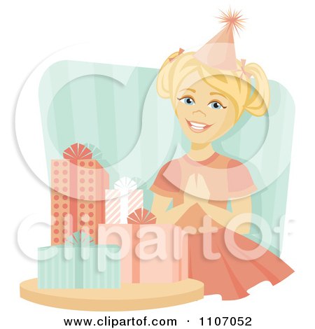 Clipart Excited Birthday Girl By Her Presents Over Blue Stripes - Royalty Free Vector Illustration by Amanda Kate