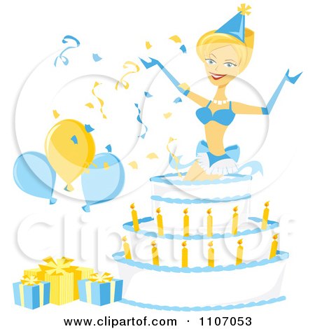 Clipart Sexy Blond Woman Popping Out Of A Birthday Cake - Royalty Free Vector Illustration by Amanda Kate