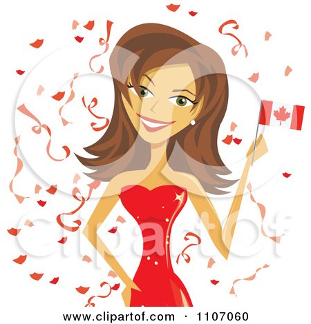 Clipart Happy Brunette Woman Holding A Canada Flag And Surrounded By Confetti - Royalty Free Vector Illustration by Amanda Kate