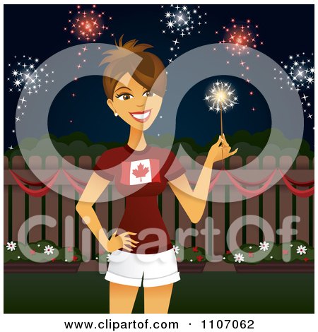 Clipart Brunette Woman Holding A Sparkler And Celebrating Canada Day - Royalty Free Vector Illustration by Amanda Kate