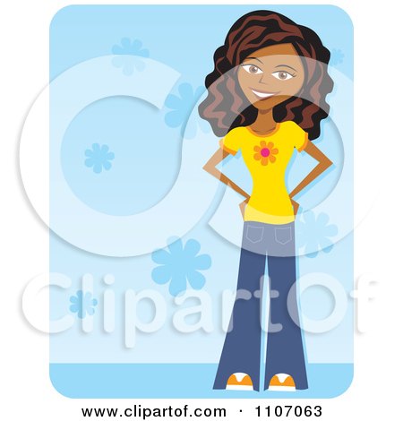 Clipart Happy Black Teenage Girl Wearing Bell Bottoms Over Blue Floral - Royalty Free Vector Illustration by Amanda Kate