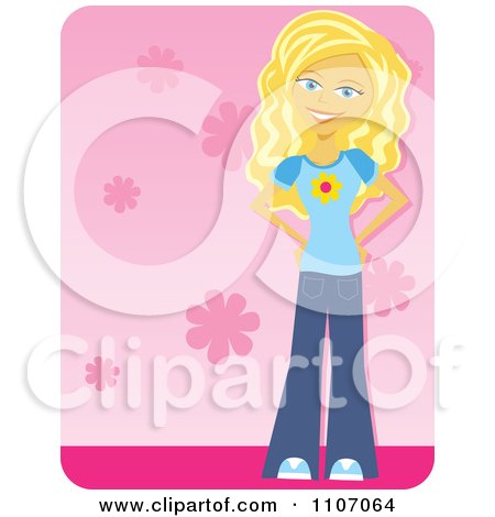Clipart Happy Blond Teenage Girl Over Pink Floral - Royalty Free Vector Illustration by Amanda Kate