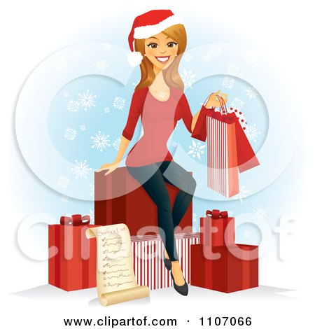 Clipart Happy Caucasian Woman With A Christmas Shopping List Bags And Gifts Over Snowflakes - Royalty Free Vector Illustration by Amanda Kate