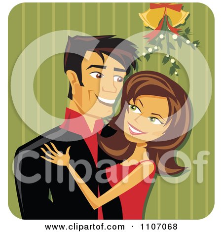 Clipart Happy Christmas Couple Kissing Under Mistletoe Over Green Stripes - Royalty Free Vector Illustration by Amanda Kate