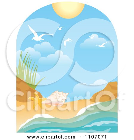 Clipart Beach Window Scene With Surf Shells Gulls And Sun - Royalty Free Vector Illustration by Amanda Kate