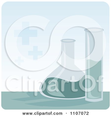 Clipart Science Laboratory Beakers With Chemicals Over Blue - Royalty Free Vector Illustration by Amanda Kate