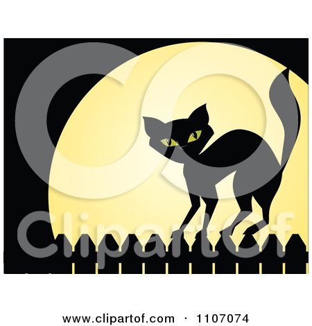 Clipart Black Cat Standing On A Fence Against A Full Moon On Halloween - Royalty Free Vector Illustration by Amanda Kate