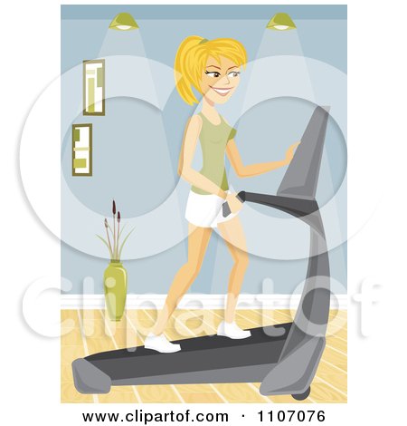 Clipart Happy Blond Woman Using A Treadmill In Her Home Gym - Royalty Free Vector Illustration by Amanda Kate