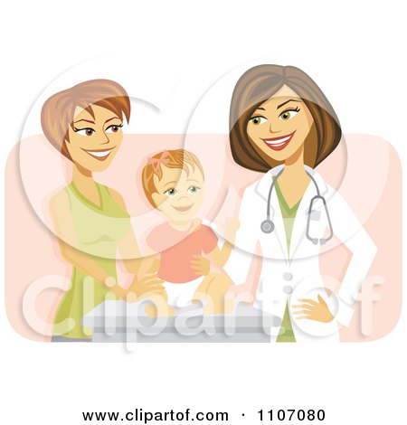 Clipart Happy Female Pediatric Doctor With A Baby Girl And Mom Over Pink - Royalty Free Vector Illustration by Amanda Kate