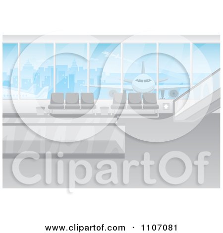 Clipart Modern Airport Interior With A Plane And City View Through The Windows - Royalty Free Vector Illustration by Amanda Kate