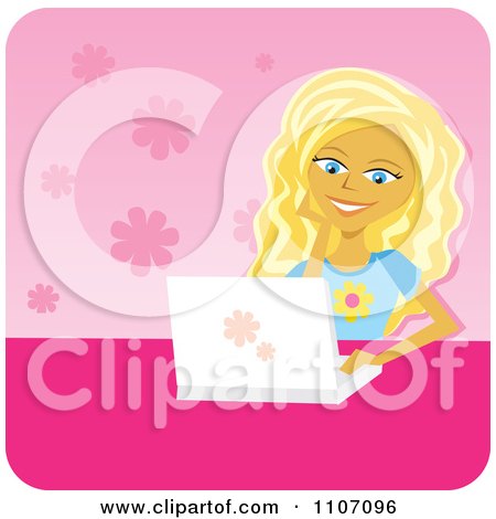 Clipart Happy Blond Teenage Girl Using A Laptop Over Pink Floral - Royalty Free Vector Illustration by Amanda Kate