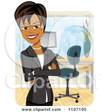 Clipart Happy Black Businesswoman With Folded Arms In An Office - Royalty Free Vector Illustration by Amanda Kate
