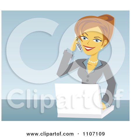 Clipart Happy Caucasian Businesswoman Talking On A Cell Phone And Using A Laptop Over Blue - Royalty Free Vector Illustration by Amanda Kate