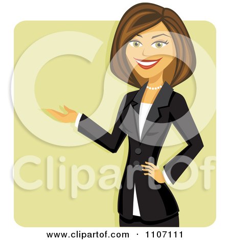 Clipart Happy Brunette Businesswoman In A Black Suit Presenting Over A Green Square - Royalty Free Vector Illustration by Amanda Kate