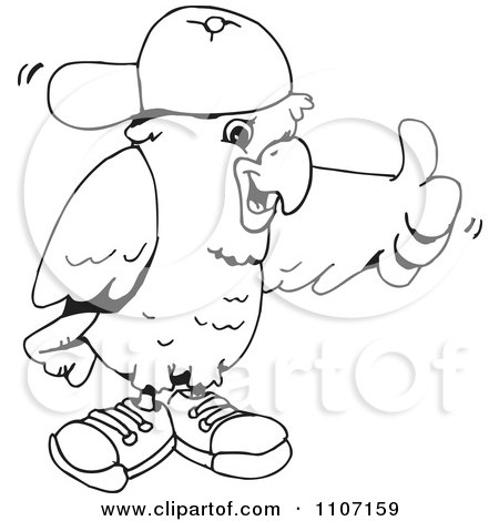 Clipart Black And White Cockatoo Holding A Thumb Up And Wearing A Hat And Shoes - Royalty Free Vector Illustration by Dennis Holmes Designs