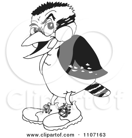 Clipart Black And White Grumpy Kookaburra Wearing Shoes - Royalty Free Vector Illustration by Dennis Holmes Designs