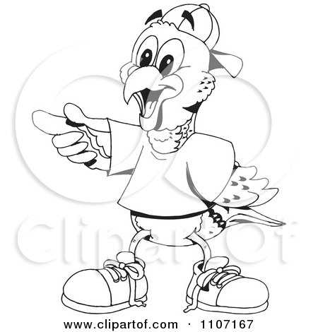 Clipart Black And White Lorikeet Wearing A Hat Shirt And Shoes And Pointing - Royalty Free Vector Illustration by Dennis Holmes Designs