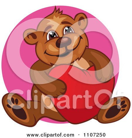 Clipart Happy Teddy Bear Hugging A Heart Pillow Over A Pink Circle - Royalty Free Vector Illustration by Vector Tradition SM