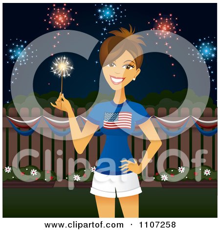 Clipart Patriotic American Woman Holding A Sparkler Under Independence Day Fireworks - Royalty Free Vector Illustration by Amanda Kate