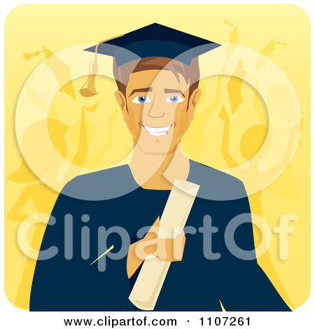 Clipart Handsome Male Graduate Holding A Diploma With People Celebrating In The Background - Royalty Free Vector Illustration by Amanda Kate