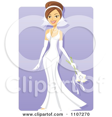 Clipart Beautiful Brunette Bride Strutting Her Wedding Gown Over Purple - Royalty Free Vector Illustration by Amanda Kate
