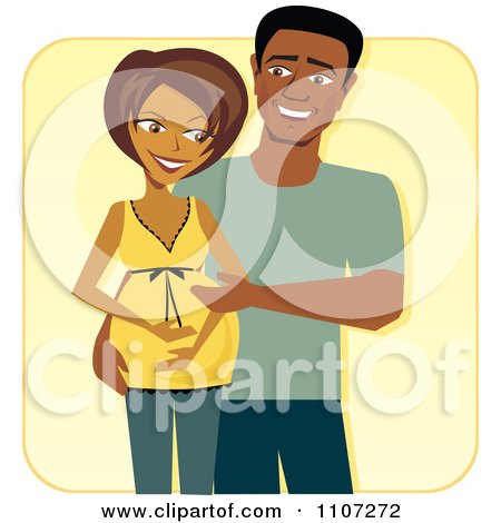 Clipart Happy Black Couple Looking Down At The Wifes Baby Bump Over Yellow - Royalty Free Vector Illustration by Amanda Kate