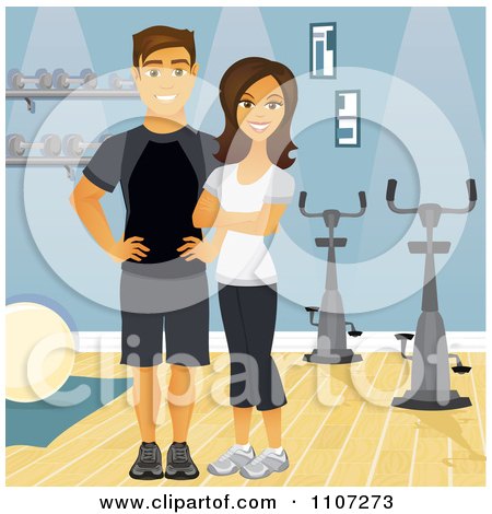 Happy Fit Couple Or Personal Trainers Near Spin Bikes In A Gym Posters, Art Prints