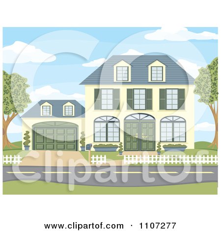 Clipart Yellow Two Story House With Green Shutters And Doors And An Attached Garage - Royalty Free Vector Illustration by Amanda Kate