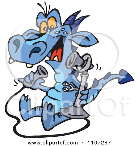 Clipart Blue Dragon Calling With A Candlestick Phone - Royalty Free Vector Illustration by Dennis Holmes Designs