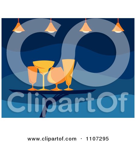 Clipart Server Carrying Cocktail Glasses On A Tray Under Lights Over Blue - Royalty Free Vector Illustration by Amanda Kate