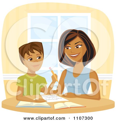 Clipart Happy Black Woman Homeschooling Her Son - Royalty Free Vector Illustration by Amanda Kate