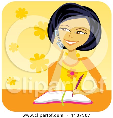 Clipart Happy Asian Girl Talking On A Cell Phone And Writing In Her Diary Over Yellow Flowers - Royalty Free Vector Illustration by Amanda Kate