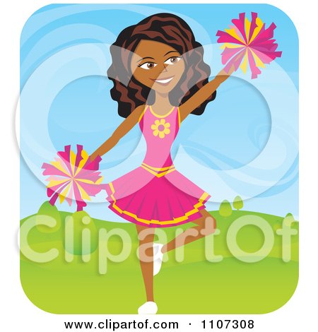 Clipart Black Teenage Cheerleader Jumping With Pom Poms Outdoors - Royalty Free Vector Illustration by Amanda Kate
