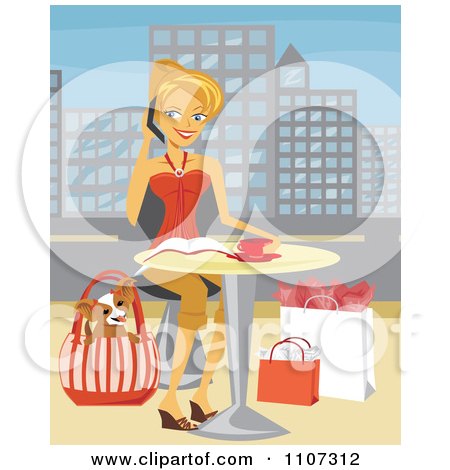 Clipart Happy Blond Woman Chatting On Her Cellphone With Shopping Bags And Her Dog In A Purse At Her Feet While Resting At An Outdoor Cafe In A City - Royalty Free Vector Illustration by Amanda Kate