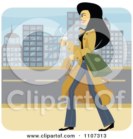 Clipart Happy Woman Walking With A Coffee Through A City - Royalty Free Vector Illustration by Amanda Kate