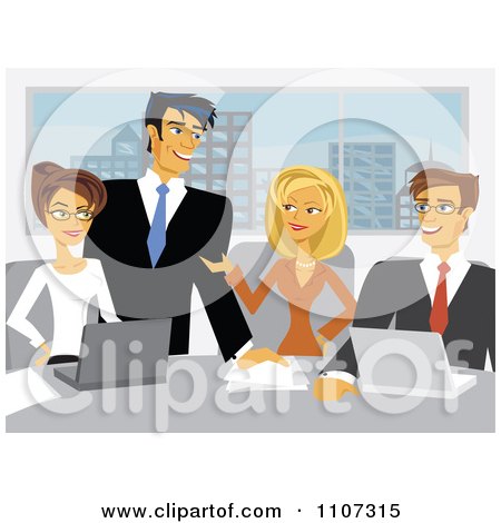 Clipart Enthusiastic Business Teem Meeting In A City Office - Royalty Free Vector Illustration by Amanda Kate