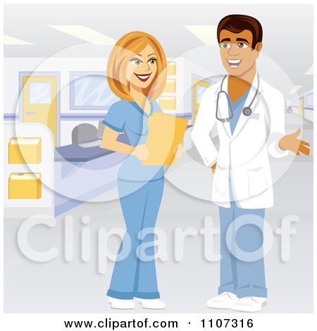 Clipart Happy Female Nurse Talking To A Hispanic Male Doctor In A Hospital - Royalty Free Vector Illustration by Amanda Kate