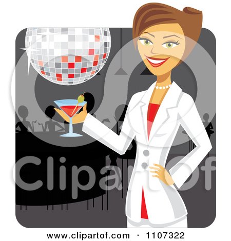 Clipart Beautiful Businesswoman Holding A Martini Under A Disco Ball At A Bar Happy Hour - Royalty Free Vector Illustration by Amanda Kate