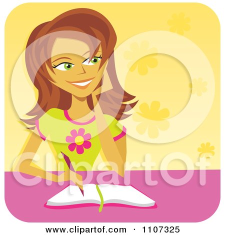 Clipart Distracted Teenage Girl Daydreaming And Writing In Her Diary - Royalty Free Vector Illustration by Amanda Kate