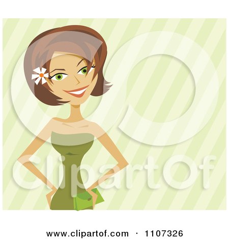 Clipart Happy Brunette Woman In A Green Dress Over Stripes - Royalty Free Vector Illustration by Amanda Kate