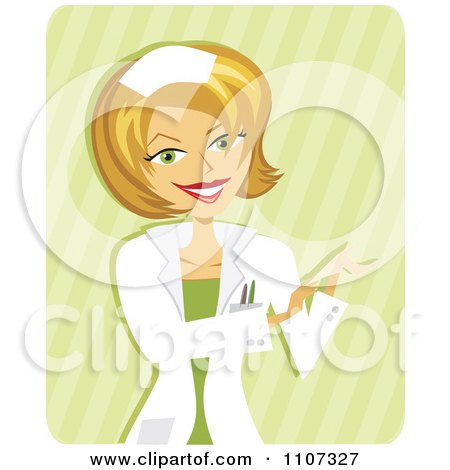 Clipart Happy Blond Female Nurse Putting Gloves On Over Green Stripes - Royalty Free Vector Illustration by Amanda Kate