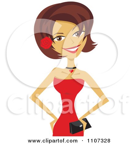 Clipart Beautiful Brunette Woman In A Red Dress With A Clutch And Red Rose In Her Hair - Royalty Free Vector Illustration by Amanda Kate